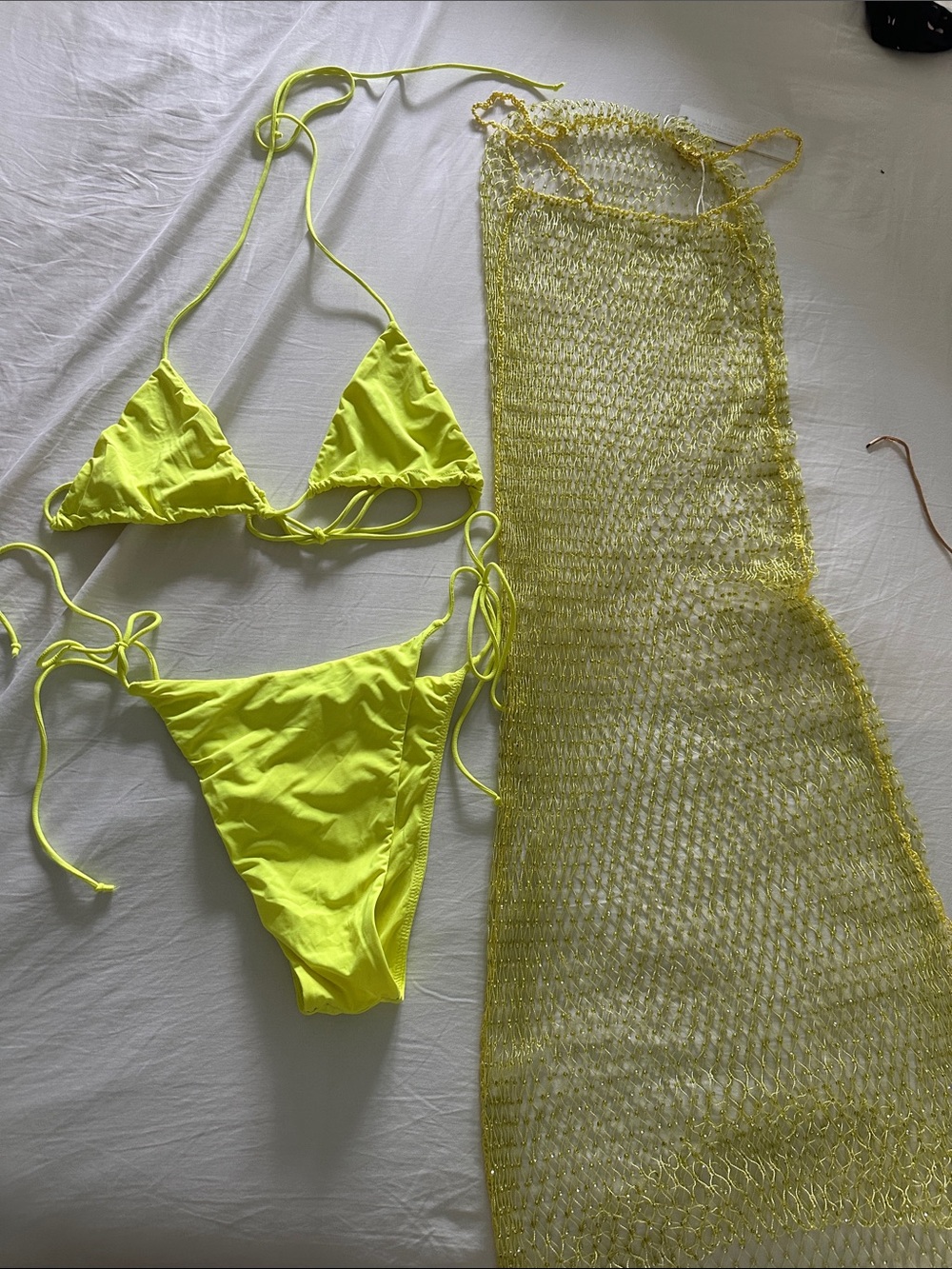 Meshki Swim - Neon Yellow String Bikini Set with Mesh Cover-Up